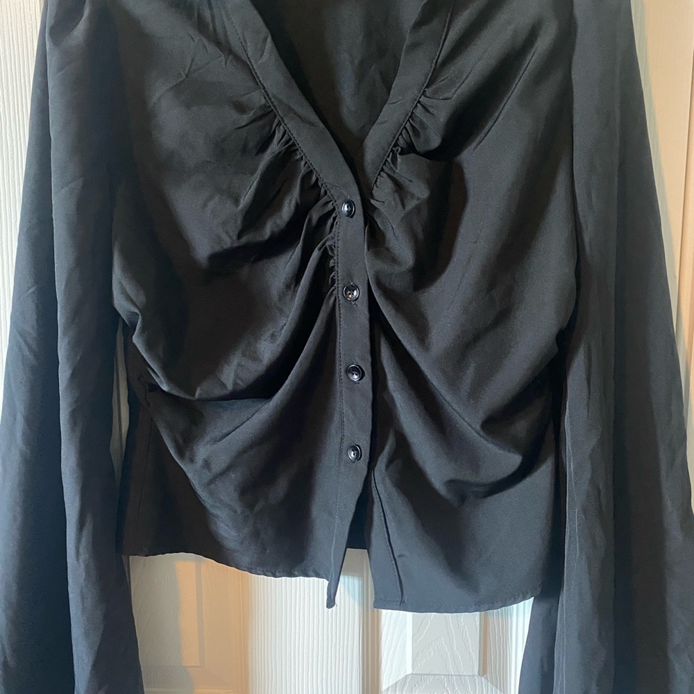 ROMWE Black Ruched Long Sleeve Blouse - Picture 1 of 1